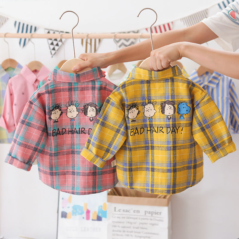 Boys' long sleeve shirt Plaid baby spring coat top children's cardigan children's spring and autumn turnover collar shirt