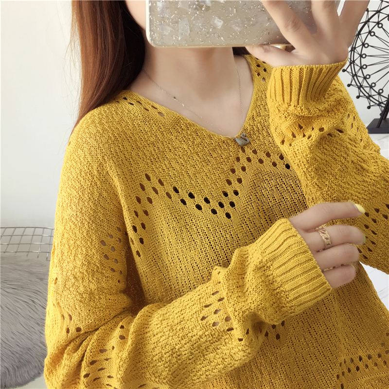 Real shot very fairy women's top V-Neck Sweater women's spring dress women's foreign style bottoming shirt thin hollow shirt