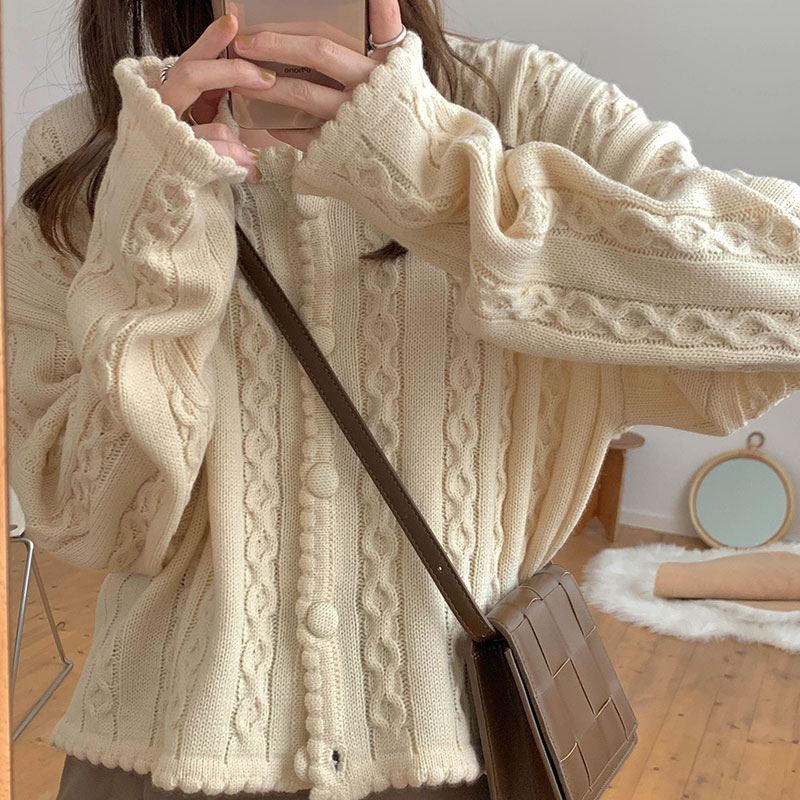 Real shot autumn new sweet round neck hollow out long sleeve knitted cardigan top women's twist lace simple sweater