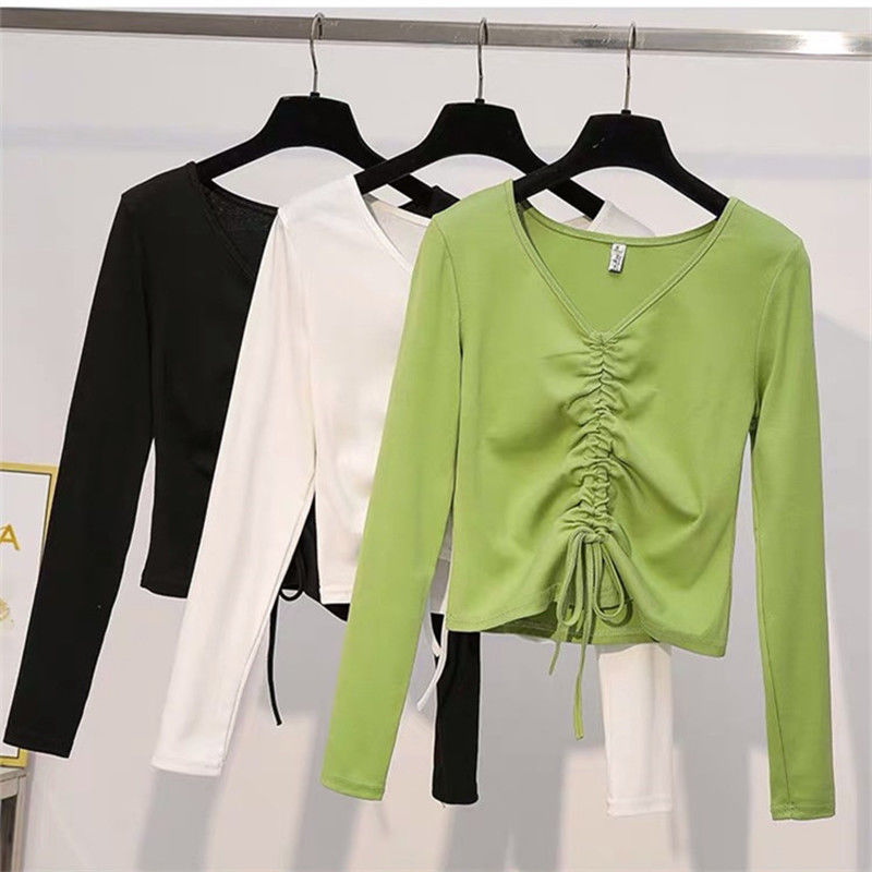 Avocado green T-shirt women's long sleeve 2020 spring new slim fashion V-neck high waist drawstring short waist top