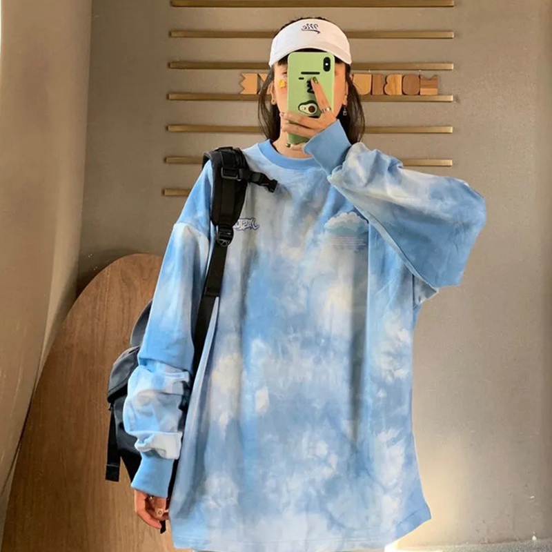 200g milk silk double mill tie dyeing spring and autumn thin hoodless loose Korean long sleeve blue top fashion