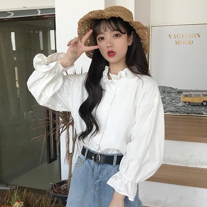 Autumn new white shirt female student college wind wood ear long sleeve versatile shirt Korean version loose and thin