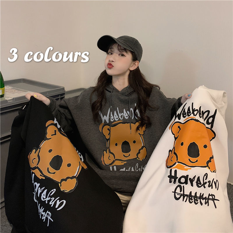 Ins super fire sweater women's Plush thickened sweater loose bear print hooded Korean new sweater jacket