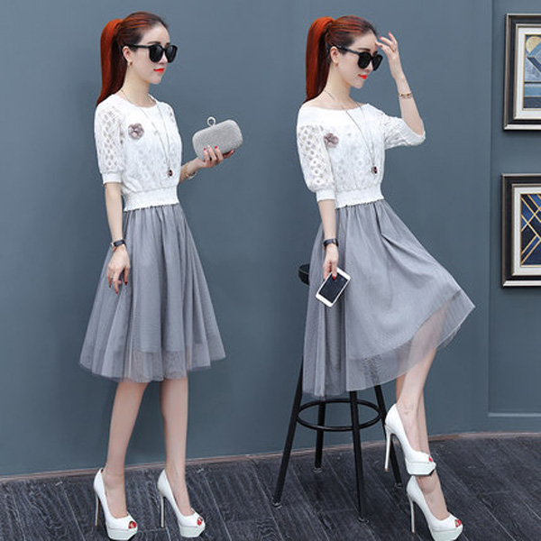 Summer dress women's summer dress 2019 new small fake two high waist one shoulder spring lace mesh skirt