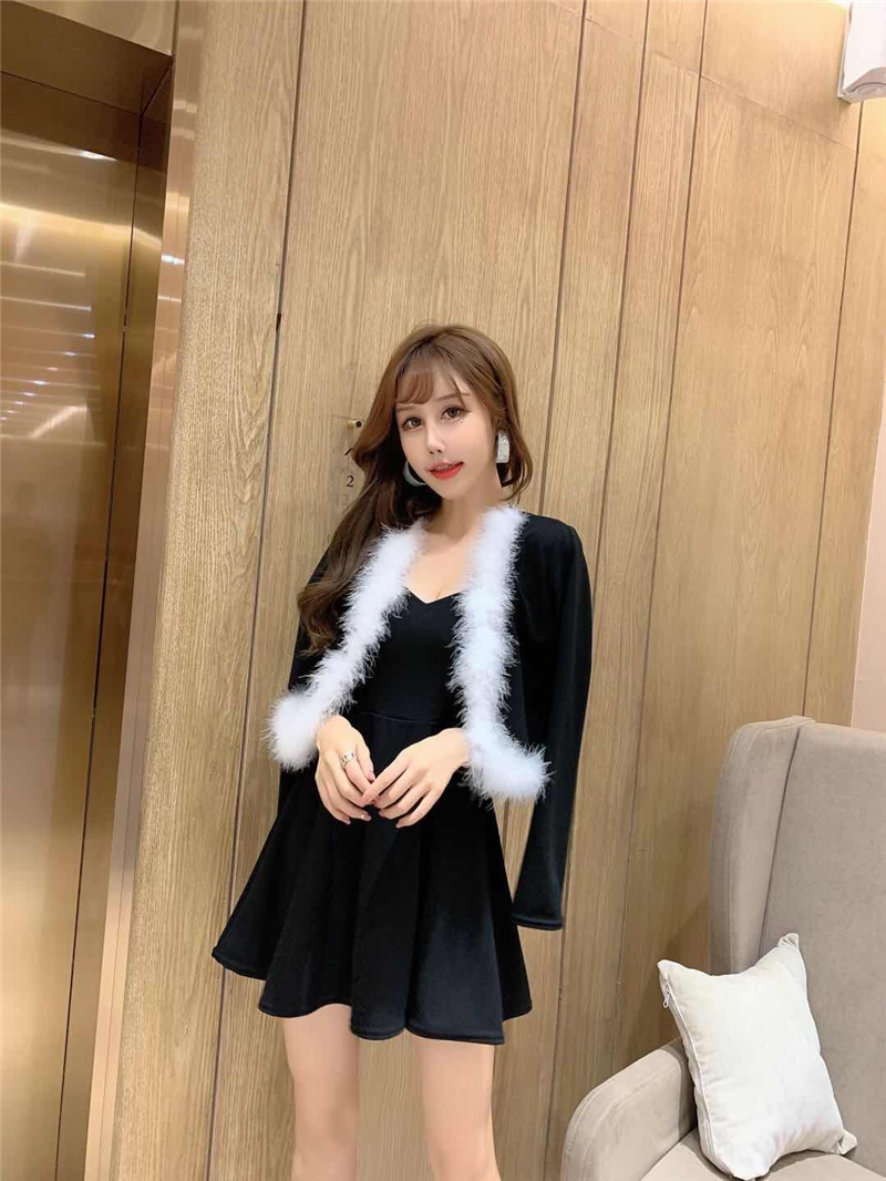 Two piece set of real shot plush short coat + waistband sexy dress with waistband