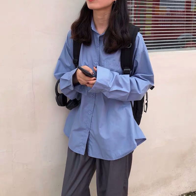 New Retro all over the long sleeve shirt in 2020 spring and Autumn period women students' Korean version loose and thin pure color shirt coat tide