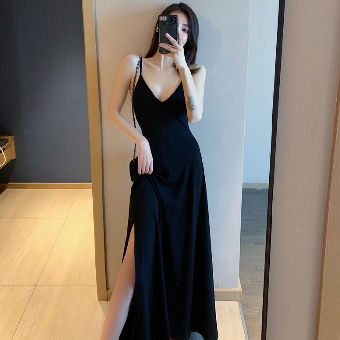 Korean chic style sexy slim shoulder strap V-neck sling skirt solid color slim fit long open back dress for women