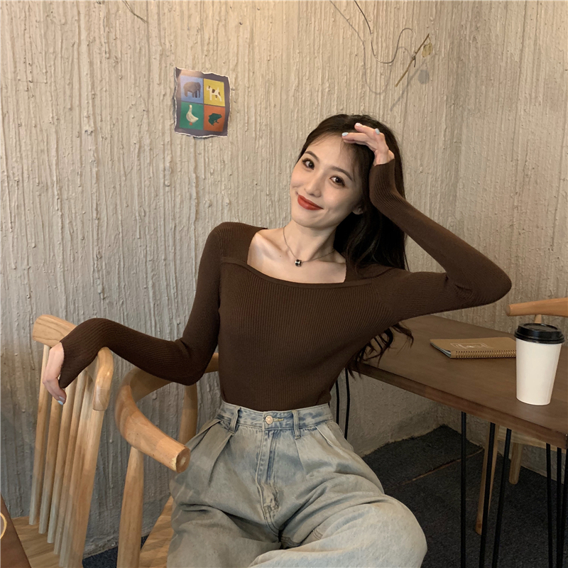Real shot real price Korean autumn and winter versatile square collar slim fit long sleeve solid color knitted bottoming shirt women's top
