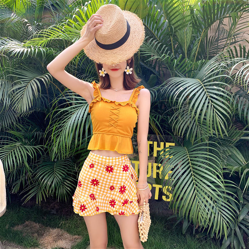 Swimsuit female student sexy belly covering slim split skirt two piece set Korean conservative small chest Bikini Swimsuit