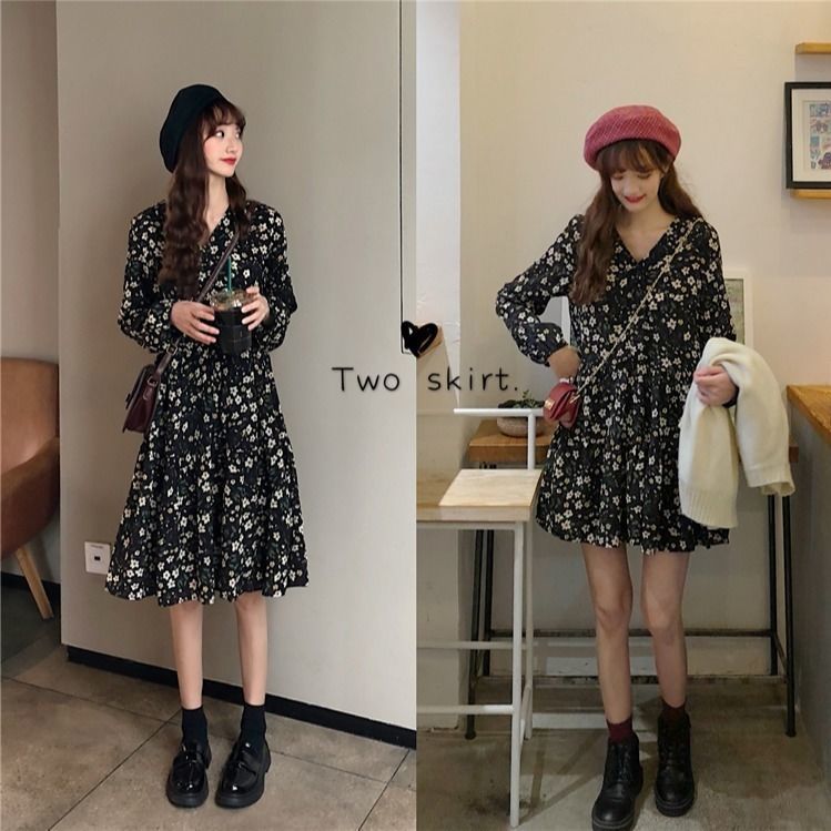 Long sleeve V-neck floral dress 2020 New Retro High Waist slim mid long skirt