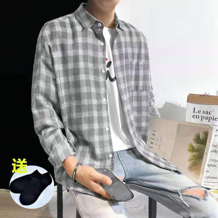 Spring and autumn summer loose Plaid Shirt Men's coat Korean casual student men's Hong Kong Style Long Sleeve Shirt literary trend