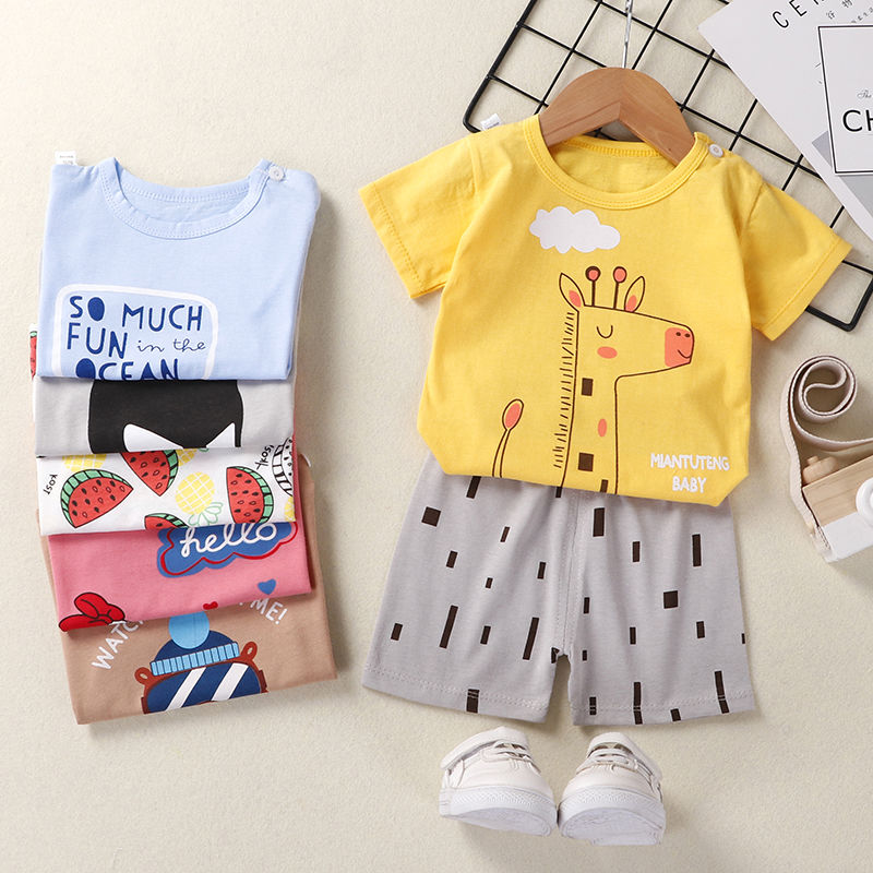 Children's cotton short sleeve suit boys and girls summer two piece baby new summer clothes 1-3-5 years old