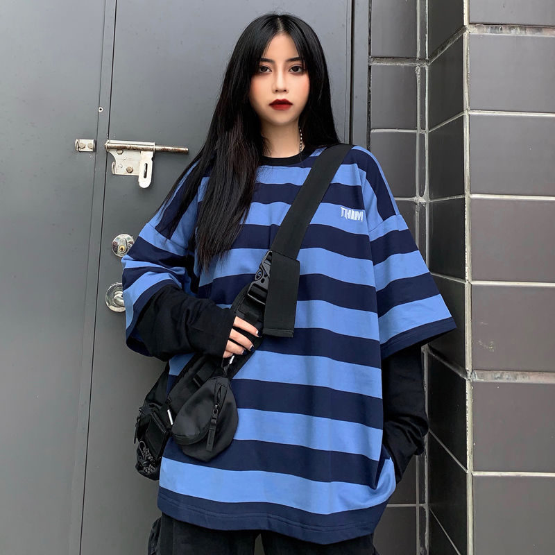 Two pieces of women's top in early autumn student ulzzang Harajuku stripe loose BF long sleeve T-shirt lovers ins fashion