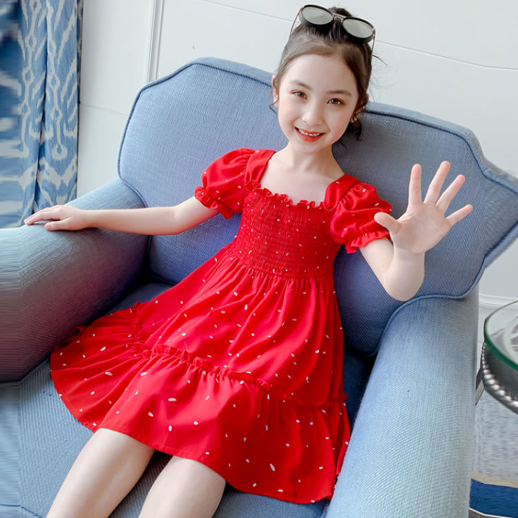 Girls' dress summer 2020 children's dress new children's red wave point Chiffon princess skirt little girl's summer dress