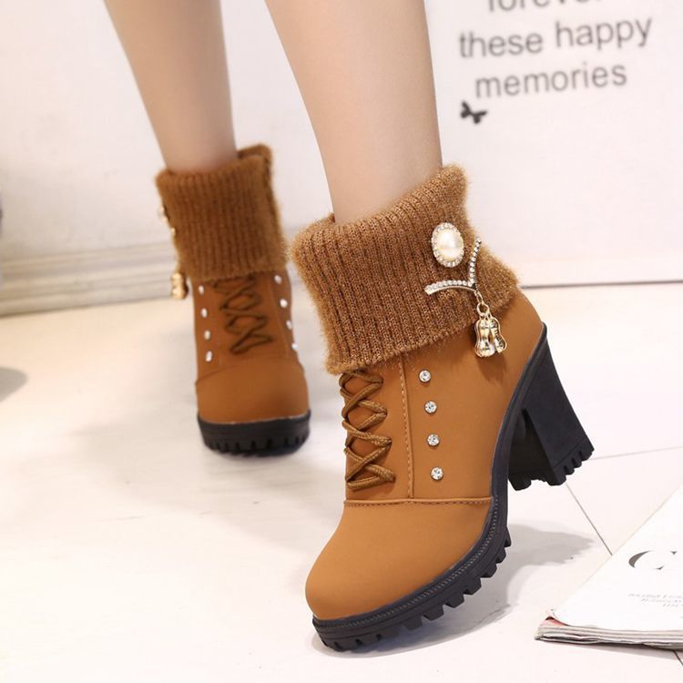 Autumn and winter short boots medium high heel thick heel round head women's shoes side zipper wool mouth fashion boots