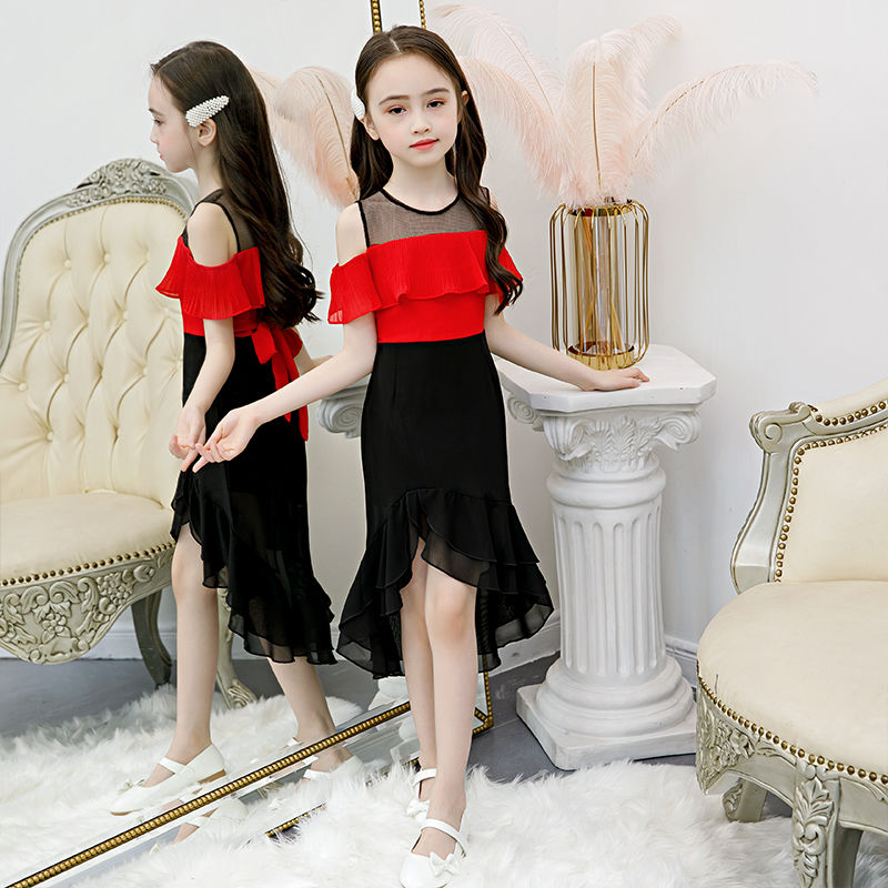 Girls' dress summer dress children's one shoulder western style children's summer princess dress net red little girl Chiffon Skirt