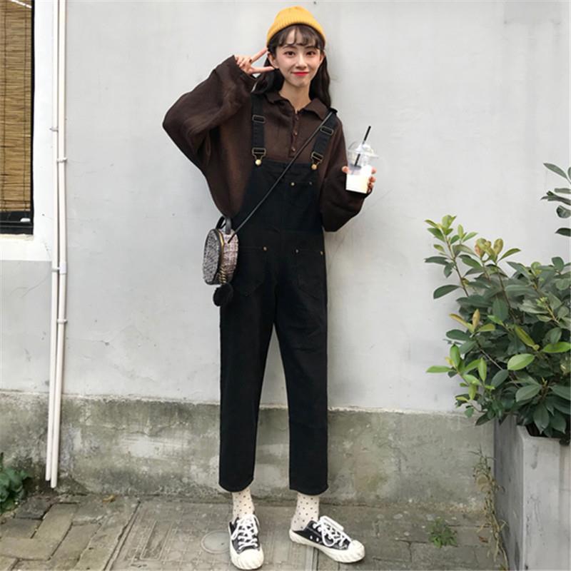 Pants women's spring and autumn 2020 new Korean student versatile black 9-point jeans women's loose age reducing Suspenders