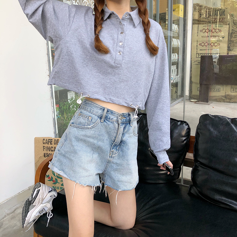 Fall 2020 new Korean versatile loose polo collar long sleeve short drawstring navel sweater