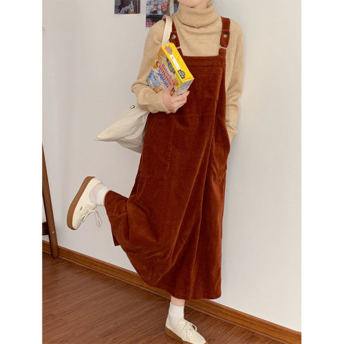Real shot new temperament, loose and thin corduroy strap dress