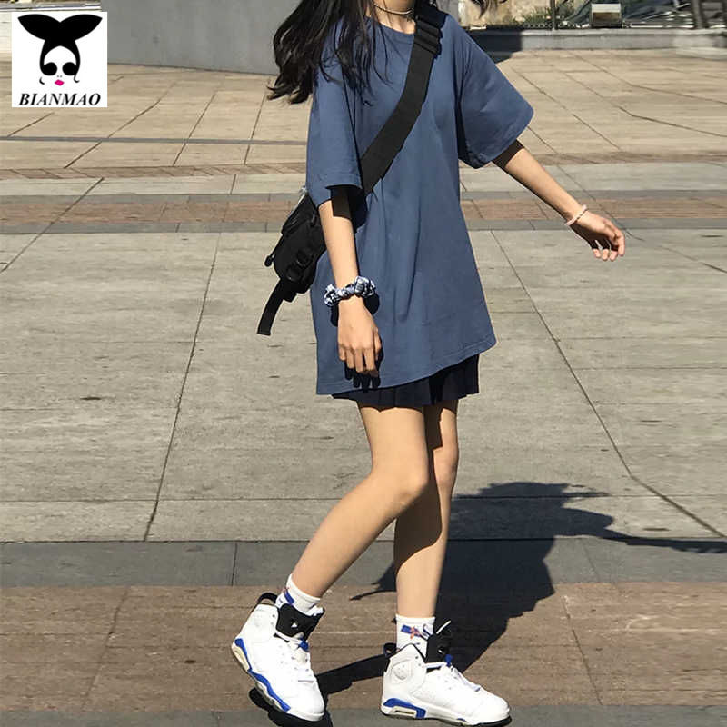 Pure cotton ins net red solid haze Blue Short Sleeve T-Shirt women's summer new Korean original residence Hong Kong style student loose top