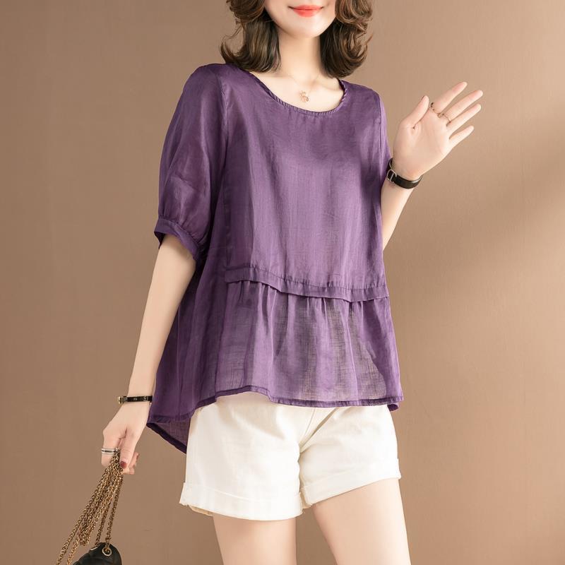 Cotton literature and art shirt women's round neck Pullover solid color five point sleeve Korean shirt women show thin belly covering casual top women