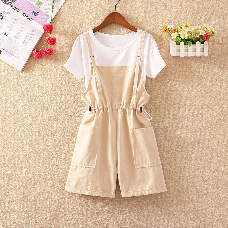 Summer new Korean version of women's school lovely Jumpsuit two piece set of foreign style aging oversize backpack Shorts Set