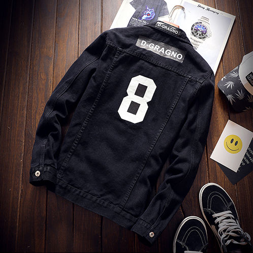Black denim jacket men's casual printed jeans men's fashion students autumn new Korean men's denim jacket