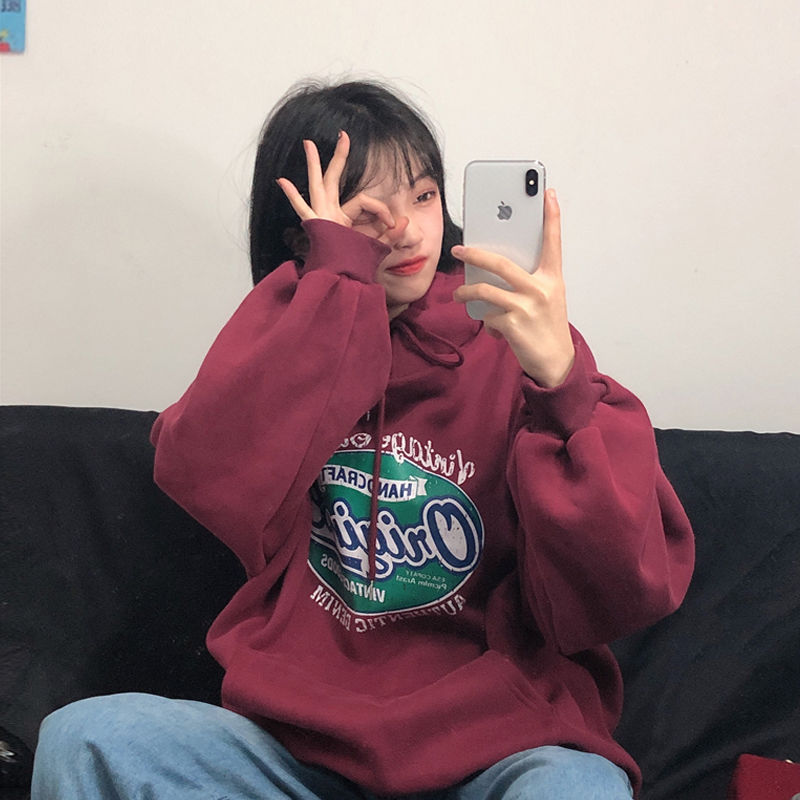 Hooded and plush sweater women's autumn and winter Korean version loose ins languid style student Fashion Top Women's coat