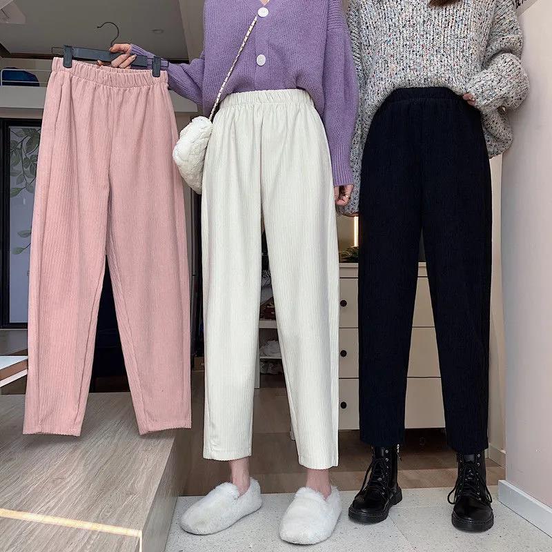 Granny corduroy pants women's autumn and winter loose Plush 2020 Harlem straight casual pants with high waistline and wide feel