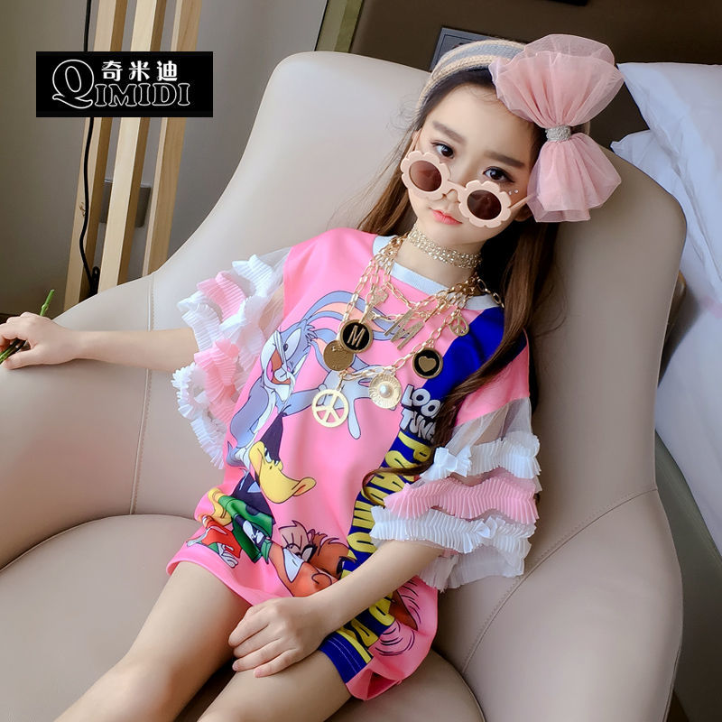 Girls cute cartoon pattern Short Sleeve T-Shirt Medium Long 2020 summer new skirt foreign style loose dress fashion