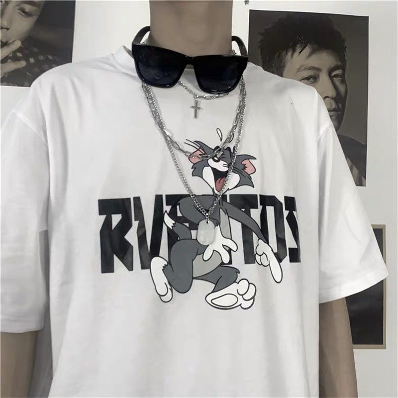 Summer new Korean version ins super fire loose retro childish fun cartoon print round neck student short sleeve T-shirt for men and women