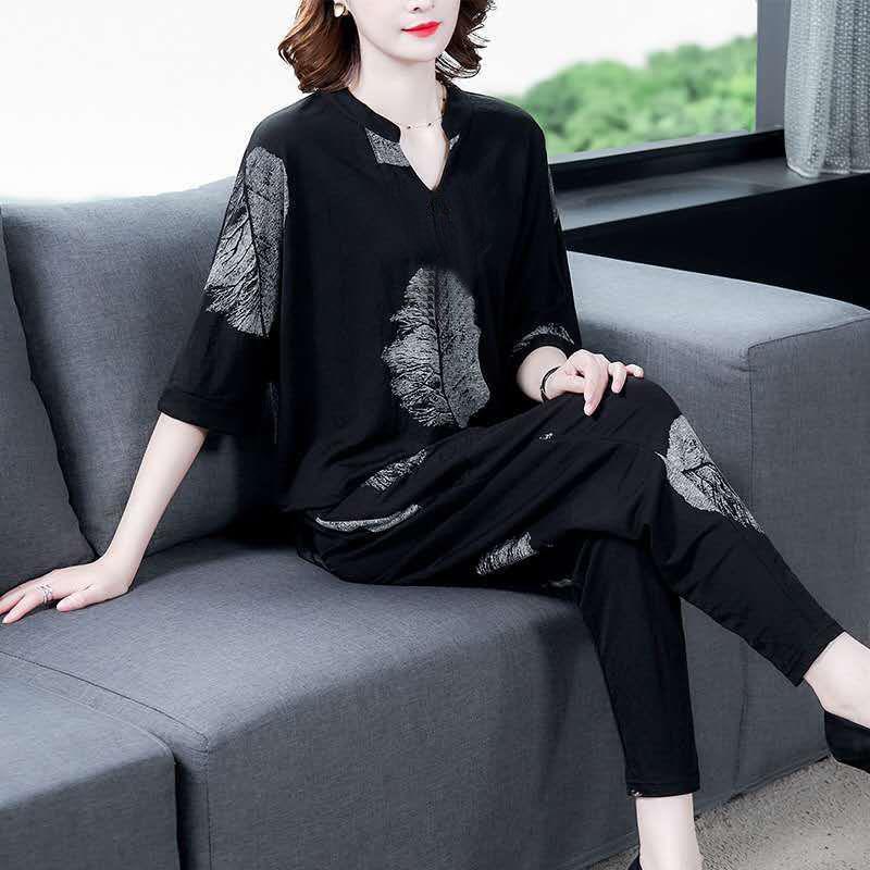 Single / set women's summer 2020 new fashion fashion half sleeve large women's casual Harem Pants show thin two piece set