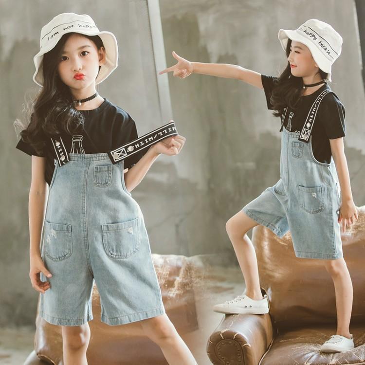 Girls' denim strap Shorts Set summer children's suspender denim skirt women's middle and large children's women's summer suspender fashion