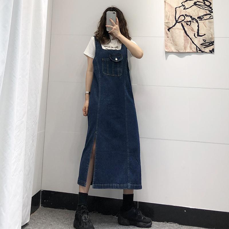Deep blue split denim skirt with back skirt for women loose summer student retro slim mid length suspender dress