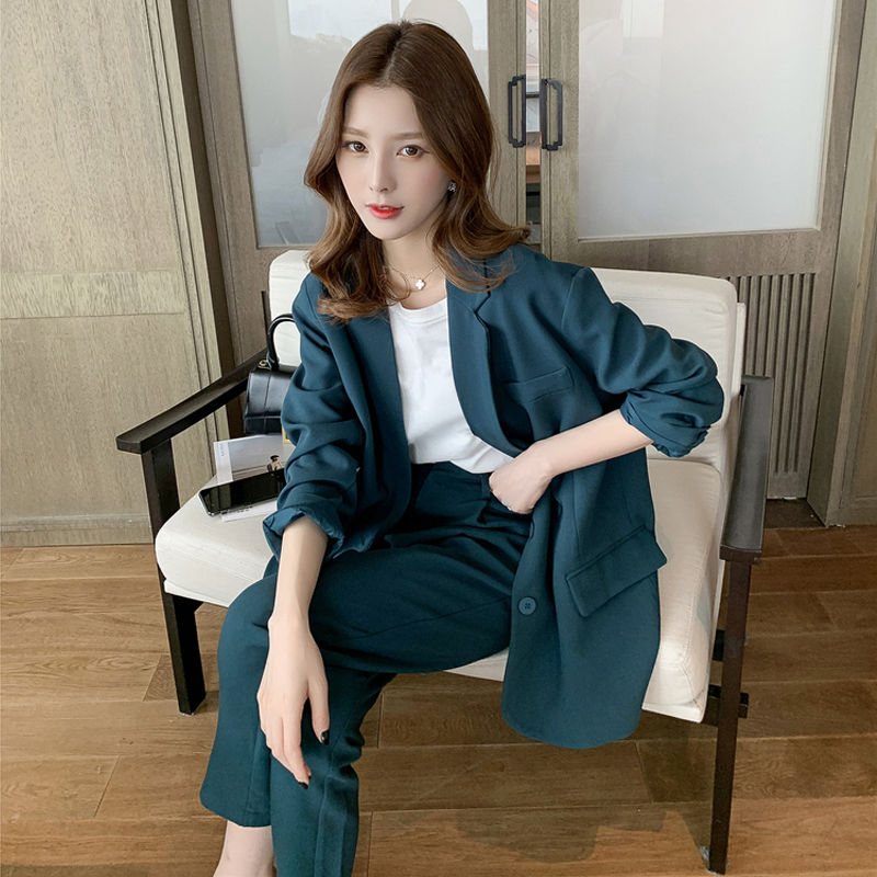Single / spring new Korean suit coat pants set peacock blue net red casual suit two piece fashion