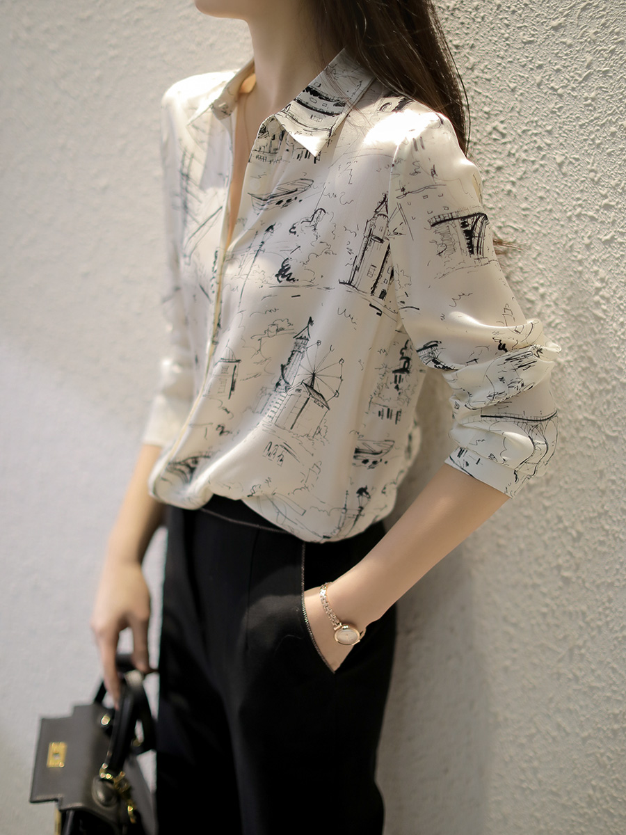 Nordic style new fashion heroine -- French languid taste sketch satin twill Silk Long Sleeve Shirt