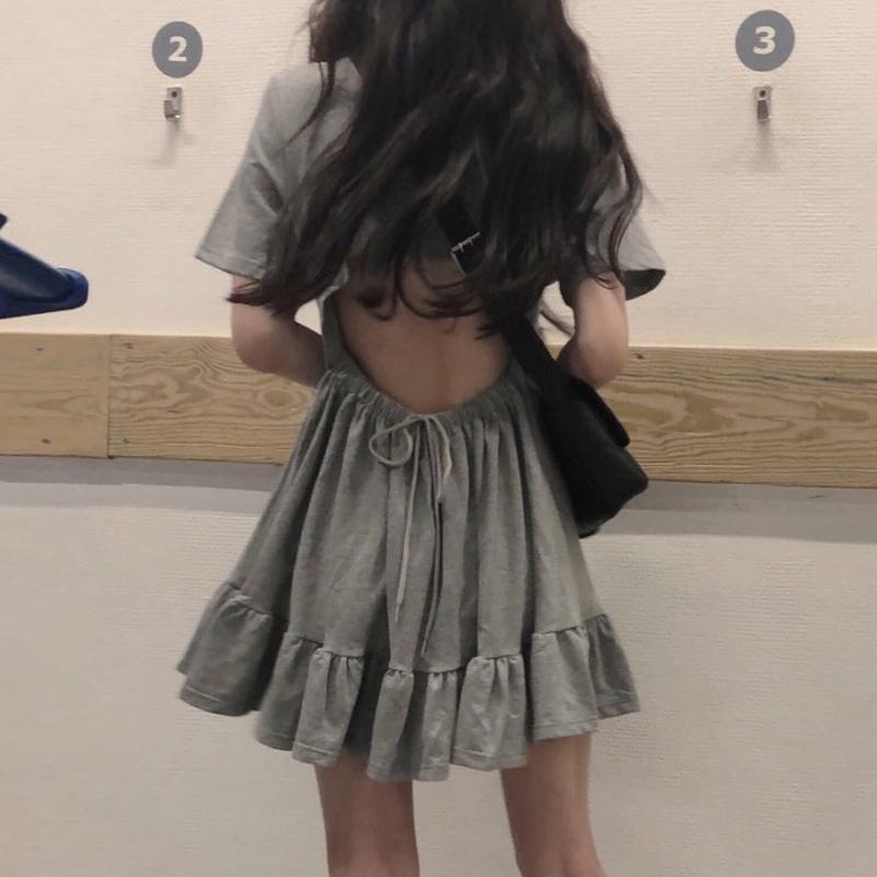 Summer ins net red waist closing heart open back short sleeve dress women's large 200 kg fat mm Ruffle short skirt