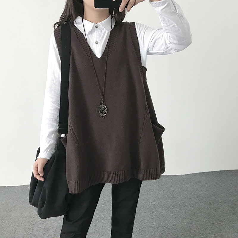Spring and autumn vest women's Knitted Vest loose Korean V-neck mid length versatile thin top artistic shoulder vest