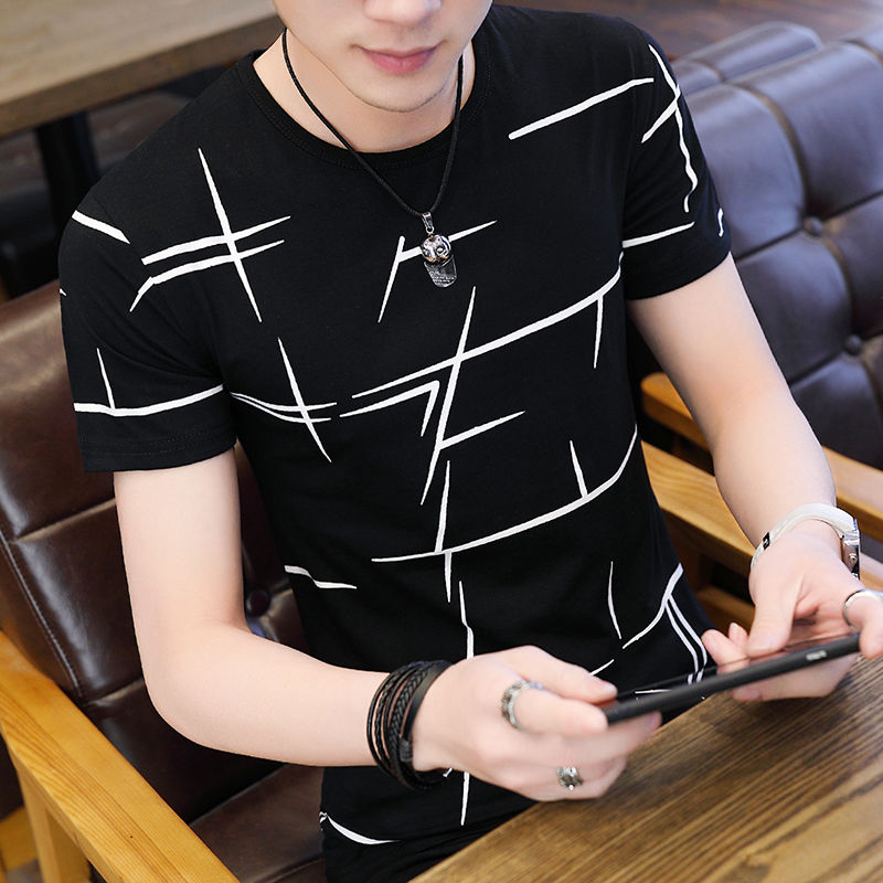 Summer trend printed short sleeve T-shirt for male students Korean round neck slim fit men's Half Sleeve T-Shirt Top