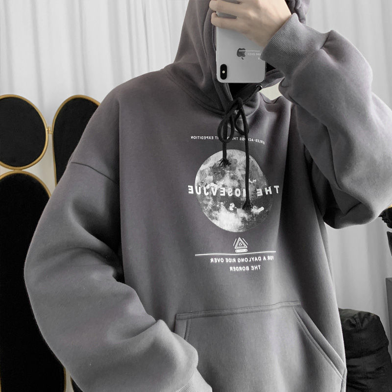 Autumn and winter Plush moon printed men's Hooded Sweater men's Korean loose fashion casual coat
