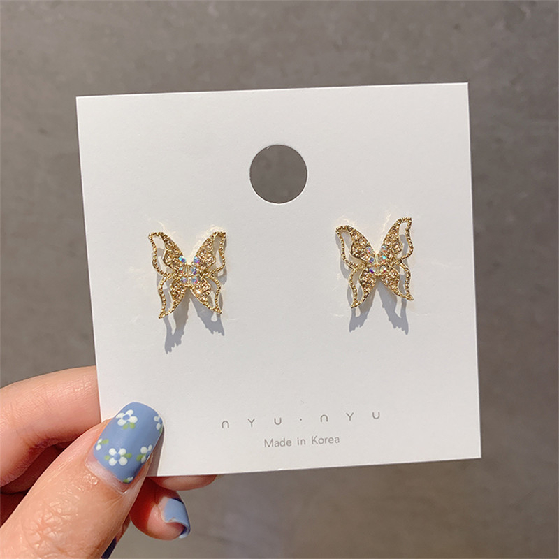 S925 silver needle Butterfly Earrings female Korean temperament Earrings exquisite hollow out student inlaid diamond earrings earrings