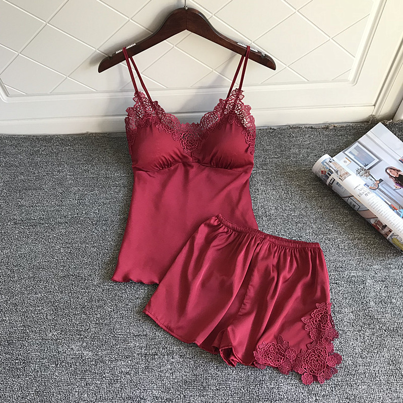Sexy pajamas women summer suit gathered small chest hot adult simulation ribbon chest pad suspender Two Piece Pajamas