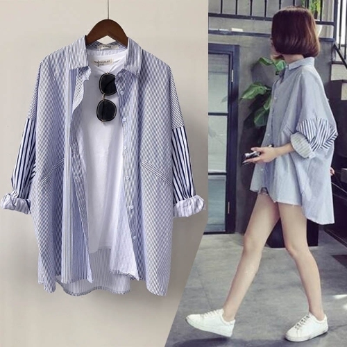 New striped shirt girl student Korean loose coat fat mm long sleeve large size cardigan shirt woman