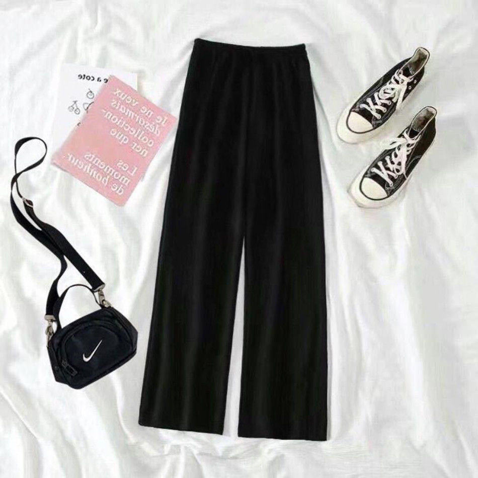 Easy to wear slim 9-point wide leg pants women's black Korean sports pants vertical high waist straight pants casual autumn pants