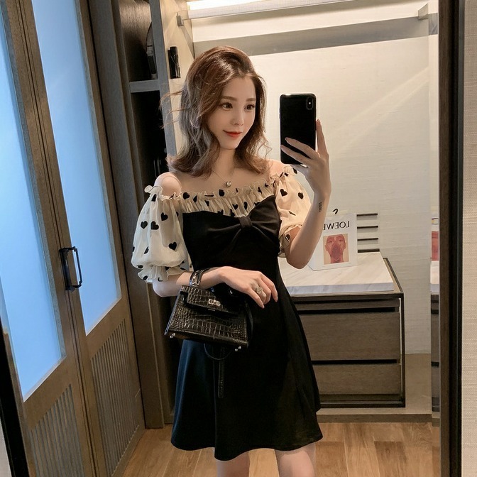 Summer 2020 new Korean Chiffon stitched off shoulder dress women's French Retro High Waist A-line skirt