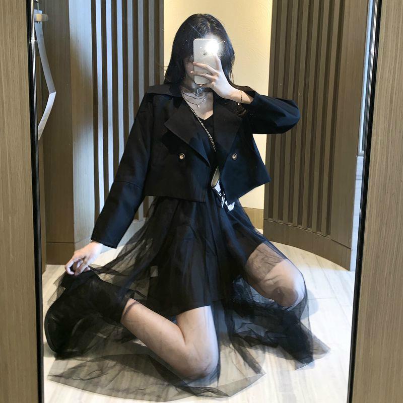 Autumn 2020 new mesh dress set women's middle long suspender skirt + Short Jacket