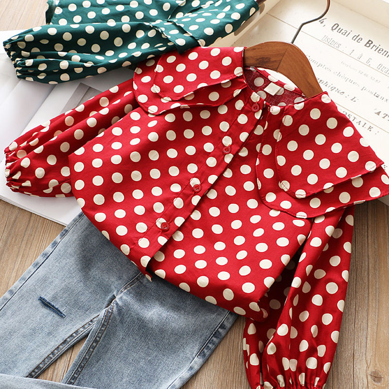 Girls' shirt 2020 spring and Autumn New Korean style children's wave point big Lapel baby long sleeve baby collar top