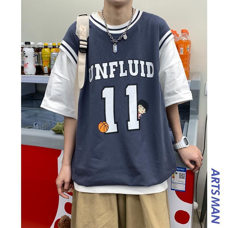 This summer's new casual short sleeved t-shirt men's Hong Kong style retro fake two-piece shirt stitched print 5-sleeve fashion