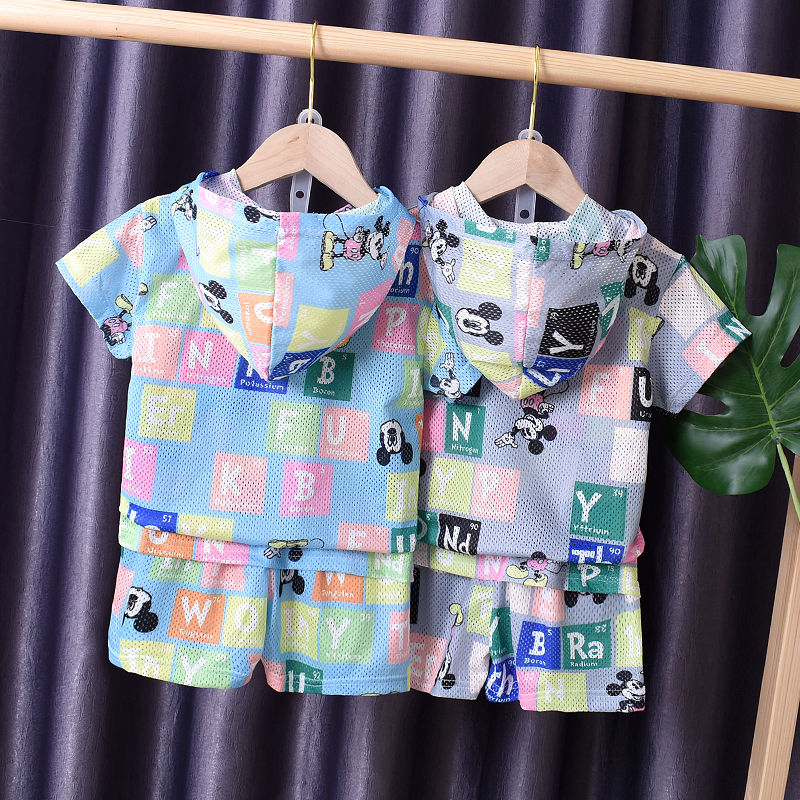 Boy's summer suit handsome 2020 new fashion one year old children's short sleeve baby hollow Hooded Baby Clothes thin
