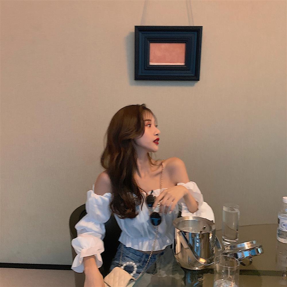 Han Feng wooden ear edge one shoulder Chiffon Top Women's long sleeve shirt summer very fairy white shirt